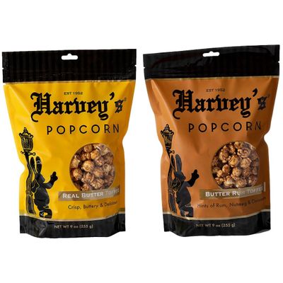 Harvey's Butter Rum + Real Butter Toffee Hand-Crafted Popcorn | 2 Bags - 9 oz each | No Inflammatory Oils, Non GMO, Gluten Free, Air Popped, Real Ingredients, All Natural, Small Batch Gourmet Made in the USA