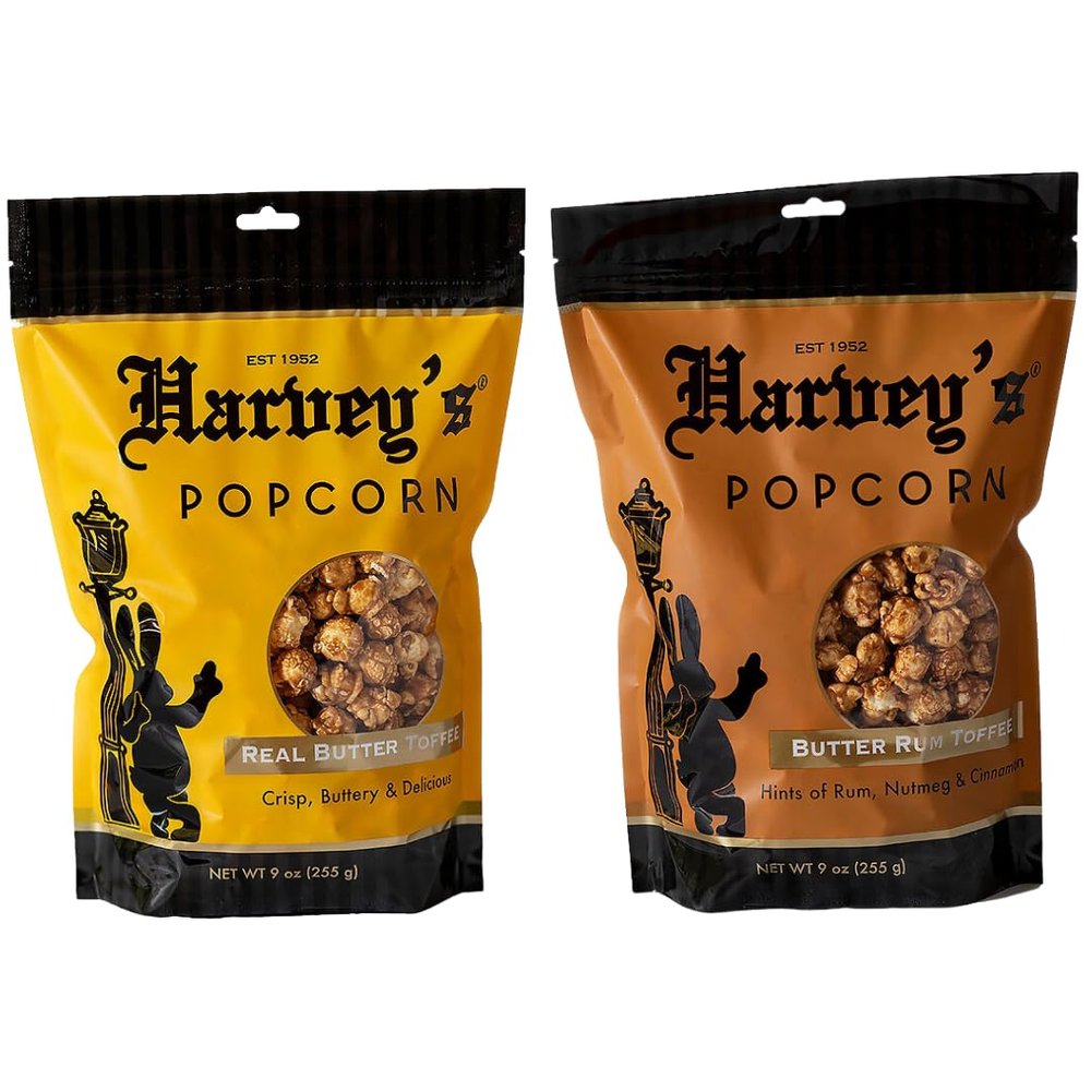 Harvey's Butter Rum + Real Butter Toffee Hand-Crafted Popcorn | 2 Bags - 9 oz each | No Inflammatory Oils, Non GMO, Gluten Free, Air Popped, Real Ingredients, All Natural, Small Batch Gourmet Made in the USA