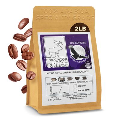 Diving Moose Coffee - The Condor Colombia Sierra Nevada USDA Organic Medium Light Roast (32oz / 2 LB) - Cocoa Cherry Strawberry Specialty Grade Small-Batch Roasted to Order Smooth Not Bitter