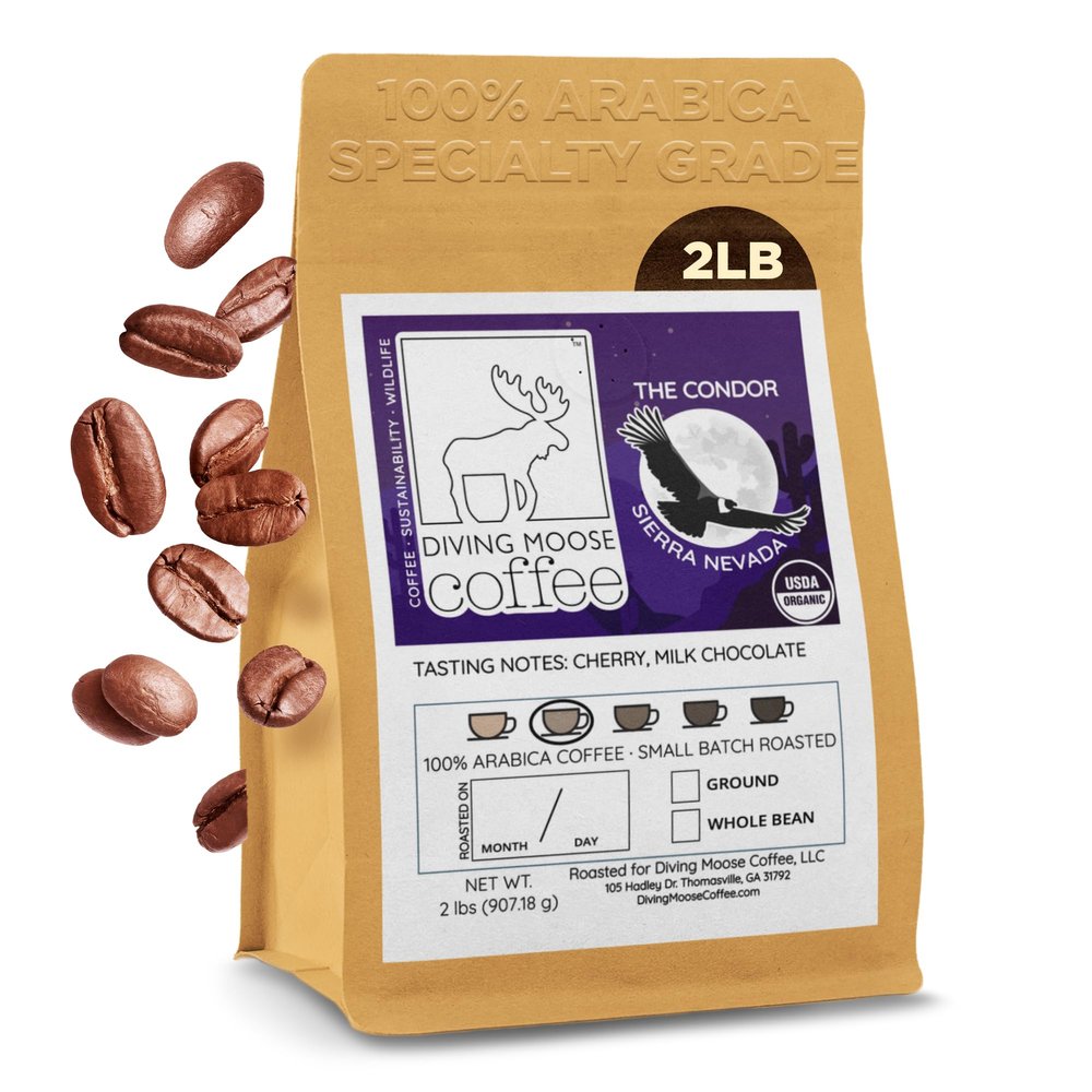 Diving Moose Coffee - The Condor Colombia Sierra Nevada USDA Organic Medium Light Roast (32oz / 2 LB) - Cocoa Cherry Strawberry Specialty Grade Small-Batch Roasted to Order Smooth Not Bitter