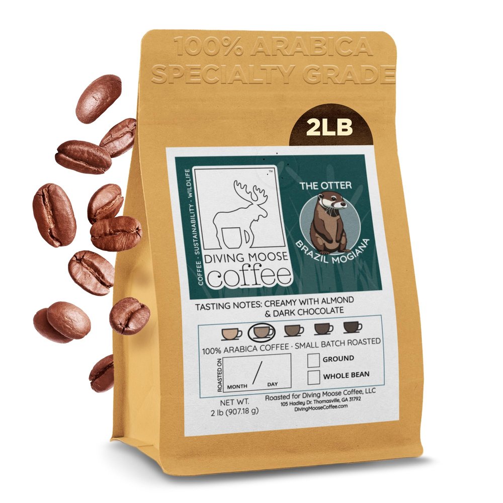 Diving Moose Coffee - The Otter Brazil Mogiana Single Origin Medium Light Roast (32oz / 2 LB) - Almond Dark Chocolate Specialty Grade Small-Batch Roasted to Order Smooth Not Bitter