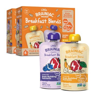Little Brainiac Variety Pack Breakfast Blend Organic Fruit & Oat Toddler Pouches, Banana Apple & Apple Berry Oat with Omega-3s DHA/EPA & Choline, Clean Label, BPA-Free, Non-GMO, 3.5 oz, Pack of 12