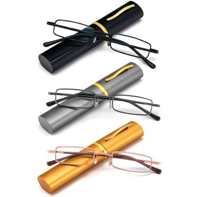 REAVEE 3 Pack Slim Pen Reading Glasses Small Tube Stylish Readers Women Men Spring Hinged with Portable Clip Case, Black Grey Gold 3.5