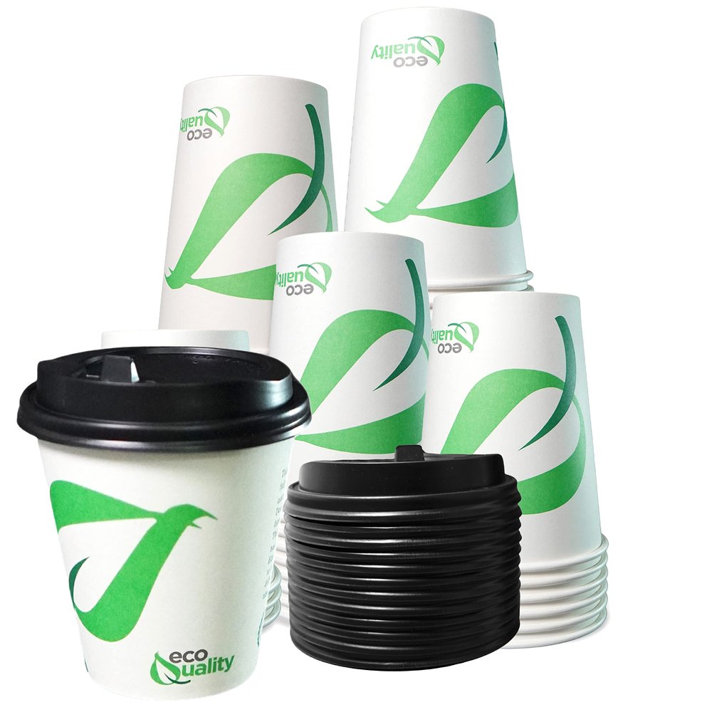 EcoQuality 10 oz Compostable Paper Cups with Black Dome Lids - Biodegradable Disposable White Paper Coffee Cups PLA Lined - Eco-friendly Hot and Cold Drinking Cups (25)