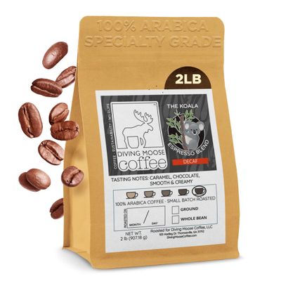 Diving Moose Coffee - The Koala Decaf Espresso Blend Dark Roast (32oz / 2 LB) - Chocolate Caramel Smooth Specialty Grade Small-Batch Roasted to Order Smooth Not Bitter