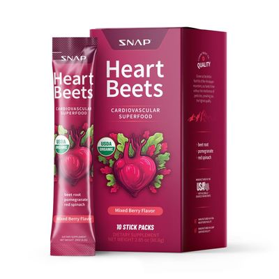 Snap Supplements Heart Beets Stick Packs, Organic Beet Root Powder Drink Mix, Cardiovascular Support for Men & Women, Beets, Pomegranate & Red Spinach, Nitric Oxide Booster, Mixed Berry, 10 Servings