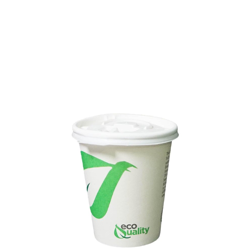 10 oz Compostable Paper Cups with White Flat Lids - Biodegradable Disposable White Paper Coffee Cups PLA Lined - Eco-friendly Hot and Cold Drinking Cups (50)