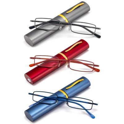 REAVEE 3 Pack Slim Pen Reading Glasses Small Tube Stylish Readers for Women Men Spring Hinged with Portable Clip Case, Grey Red Blue 1.0