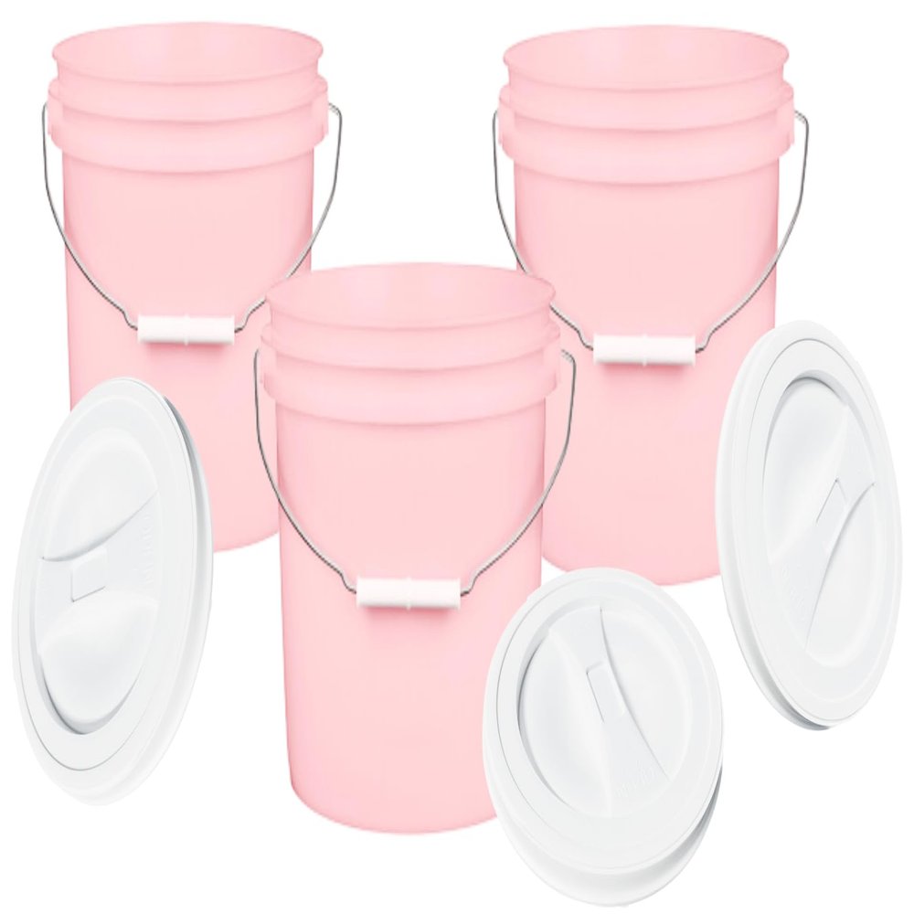 House Naturals 2 Gallon Pink Food Grade BPA Free Made in USA Bucket with Screw On White Lid - Pack of 3
