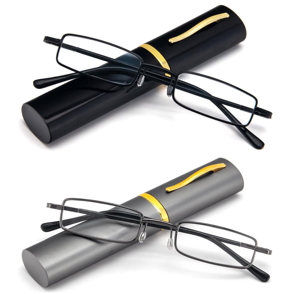 REAVEE 2 Pack Slim Pen Reading Glasses for Men Women, Small Pocket Size Tube Readers Spring Hinge with Portable Clip Case, Black and Grey 2.25