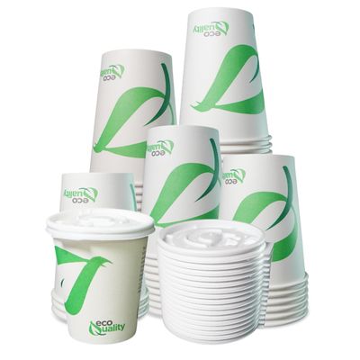 10 oz Compostable Paper Cups with White Flat Lids - Biodegradable Disposable White Paper Coffee Cups PLA Lined - Eco-friendly Hot and Cold Drinking Cups (400)
