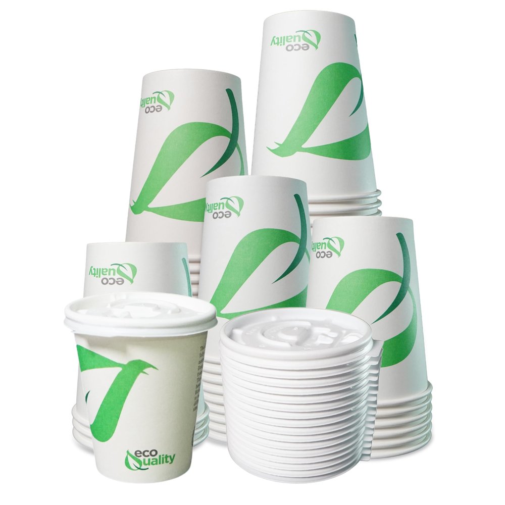 10 oz Compostable Paper Cups with White Flat Lids - Biodegradable Disposable White Paper Coffee Cups PLA Lined - Eco-friendly Hot and Cold Drinking Cups (400)