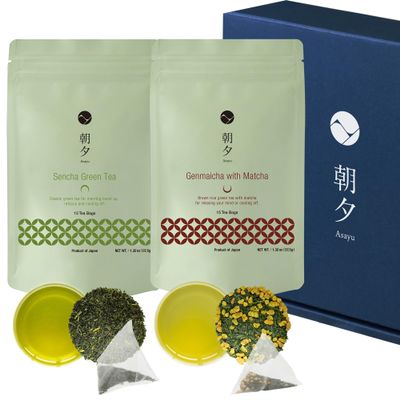 Asayu Japan Green Tea, Green Boost Gift Set, Japanese Sencha and Genmaicha with Matcha Powder, Made in Japan, 30 Tea Bags - Sencha & Roasted Brown Rice Tea with Matcha