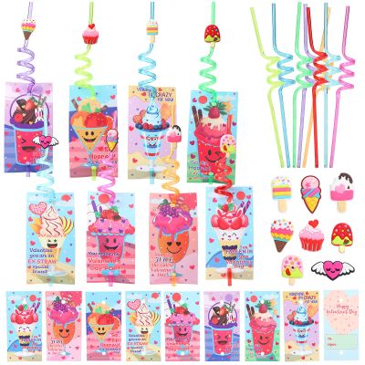 32Pack Valentines Day Cards For Kids, Valentines Greeting Cards(8 Designs)+ Colorful Crazy Loops Reusable Drinking Straws+ Straw Decor for Exchange Gift School Class Classroom Prizes Carnivals Party