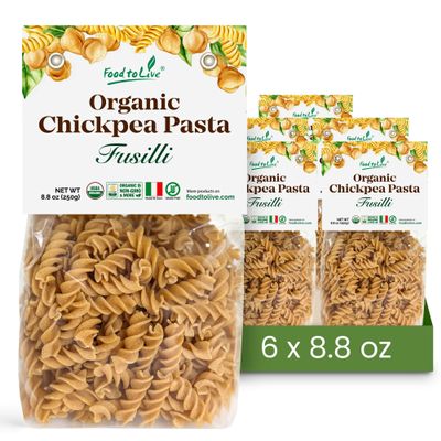 Food to Live Organic Chickpea Fusilli Pasta, 8.8 OZ (Pack of 6)  Non-GMO, Single Ingredient. No Additives. No Major Allergens. Good Source of Plant Based Protein and Fiber. Made in Italy