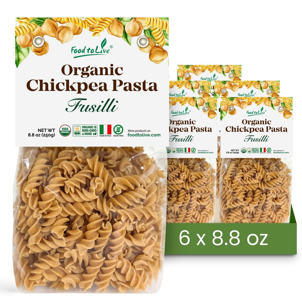 Food to Live Organic Chickpea Fusilli Pasta, 8.8 OZ (Pack of 6) Non-GMO, Single Ingredient. No Additives. No Major Allergens. Good Source of Plant Based Protein and Fiber. Made in Italy