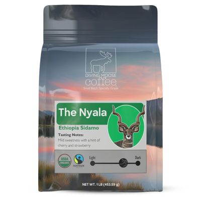 Diving Moose Coffee - The Nyala Ethiopia Sidamo USDA Organic Medium Dark Roast (16oz / 1 LB) - Cherry Strawberry Specialty Grade Small-Batch Roasted to Order Smooth Not Bitter