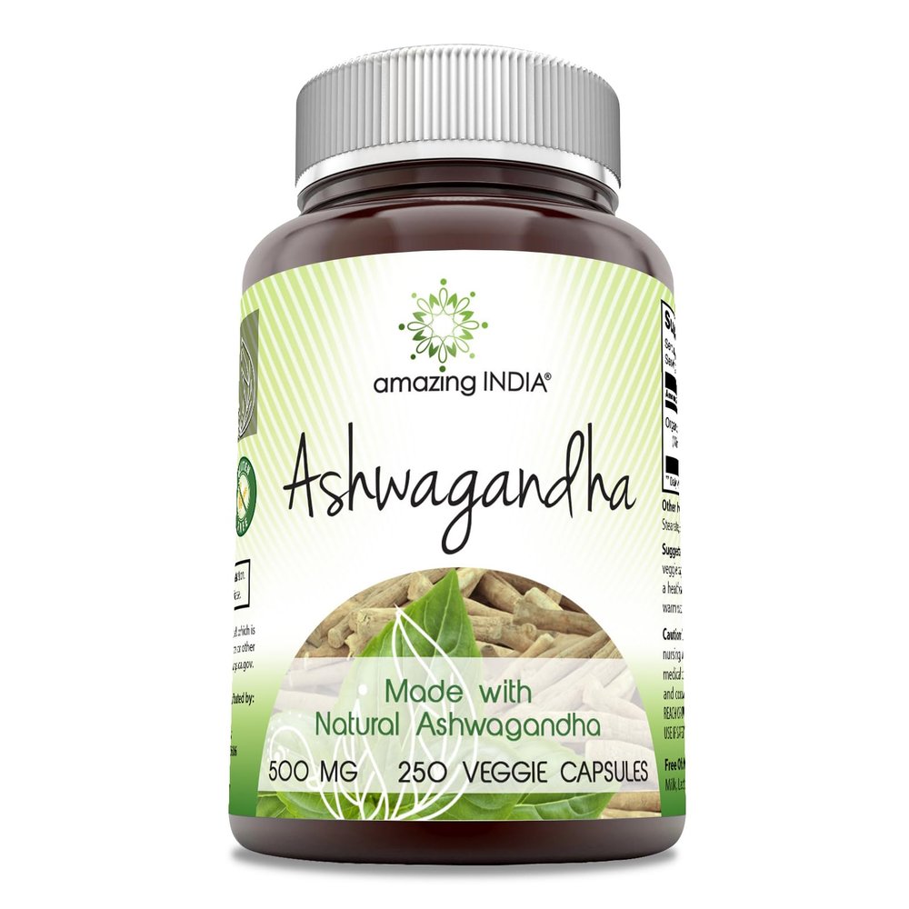 Amazing India Natural Ashwagandha | 500 Mg Per Serving | Veggie Capsules | Non-GMO | Gluten Free | Made in USA (250)
