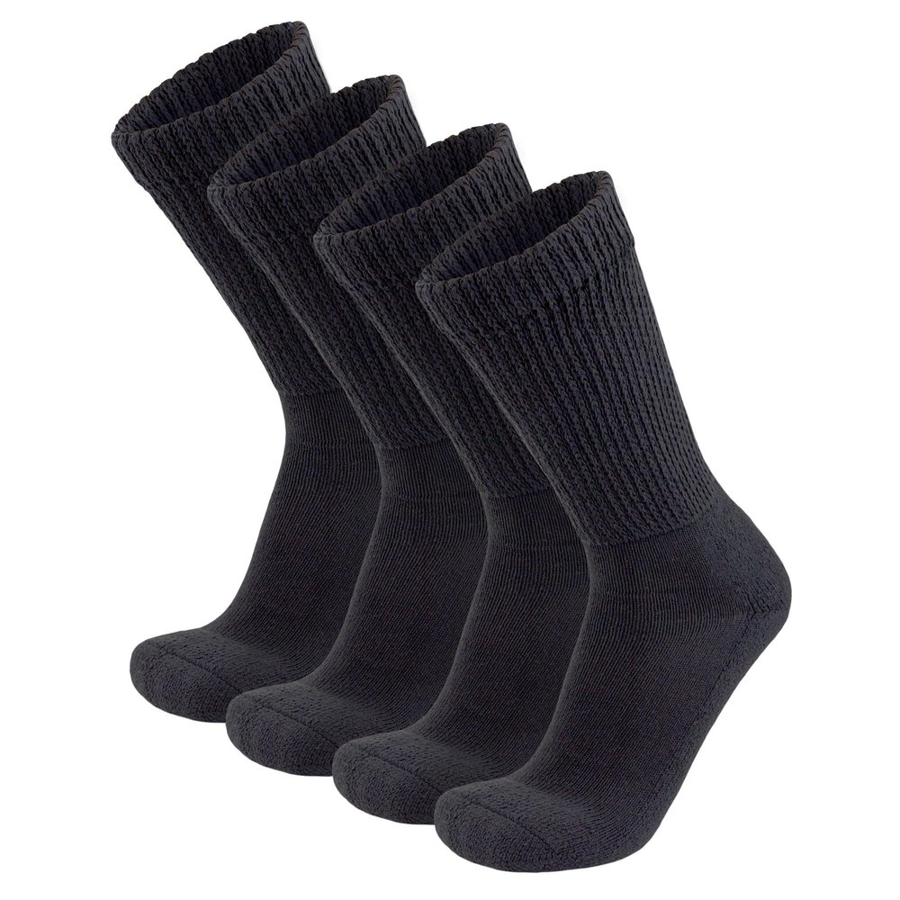 4 Pairs of Diabetic Extra Thick Warm Cotton Socks, Triple Cushioned Crew Slipper Socks (Black, Size 10-13)