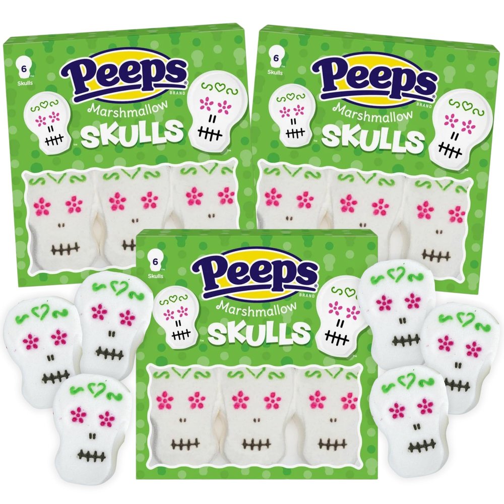 Sweetzo Sugar Skull Halloween Peeps Marshmallows, Festive Day of the Dead Candies - 6 Count (Pack of 3)