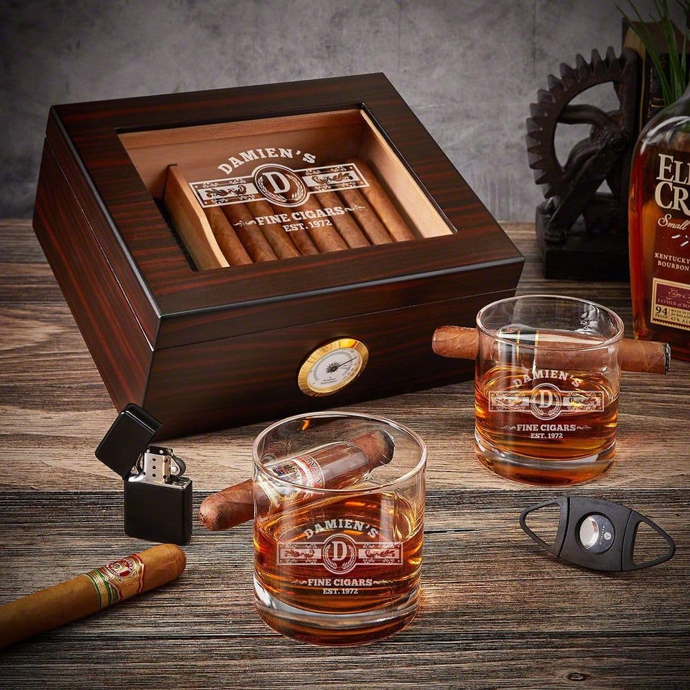 Engraved Cigar Humidor Box Set with Cigar Glasses - 5pc Cigars Accessories for Men