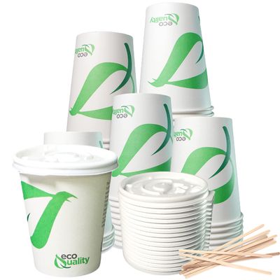 10 oz Compostable Paper Cups with White Flat Lids and Wooden Stirrers - Biodegradable Disposable White Paper Coffee Cups PLA Lined - Eco-friendly Hot and Cold Drinking Cups (100)