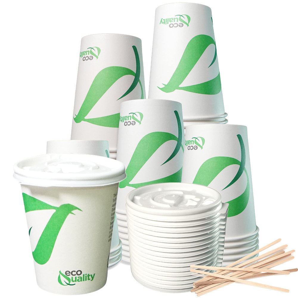 10 oz Compostable Paper Cups with White Flat Lids and Wooden Stirrers - Biodegradable Disposable White Paper Coffee Cups PLA Lined - Eco-friendly Hot and Cold Drinking Cups (100)