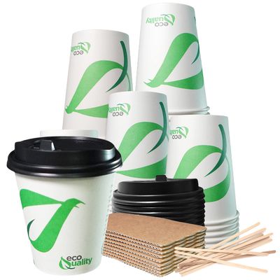 10 oz Compostable Paper Cups with Black Dome Lids, Sleeves and Wooden Stirrers - Biodegradable Disposable White Paper Coffee Cups PLA Lined - Eco-friendly Hot and Cold Drinking Cups (100)