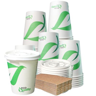 10 oz Compostable Paper Cups with White Flat Lids and Sleeves - Biodegradable Disposable White Paper Coffee Cups PLA Lined - Eco-friendly Hot and Cold Drinking Cups (100)