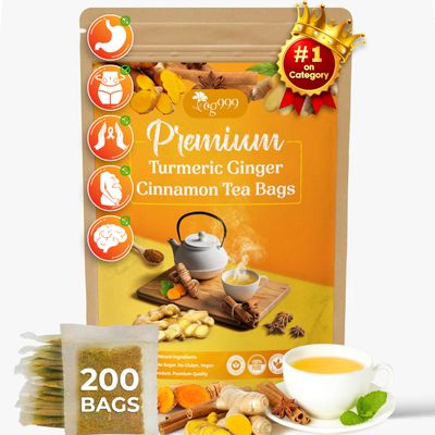 TOG999, 200 Turmeric, Ginger, Cinnamon Tea Bags, 100% Natural, Hand-made Blend of Turmeric, Ginger, and Cinnamon. Eco-conscious Tea Bags. No Sugar, No Caffeine, No Gluten, Vegan.