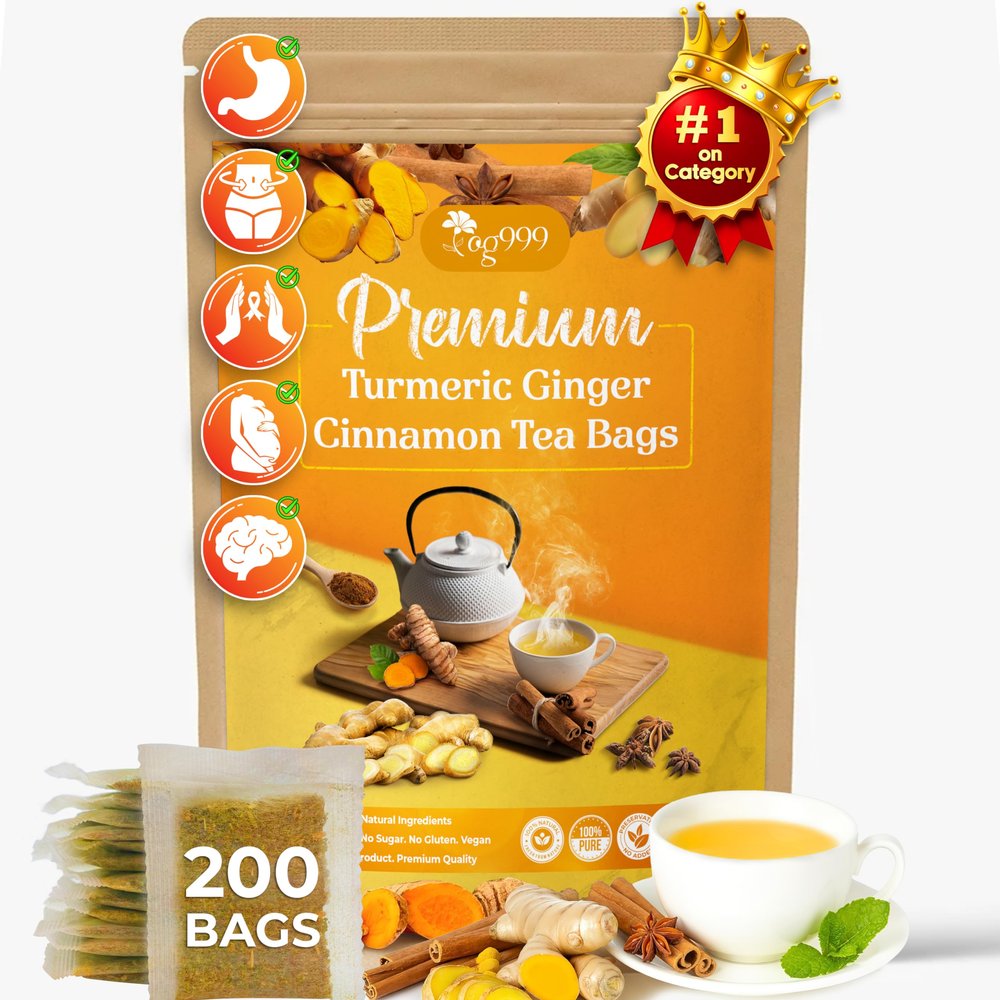 TOG999, 200 Turmeric, Ginger, Cinnamon Tea Bags, 100% Natural, Hand-made Blend of Turmeric, Ginger, and Cinnamon. Eco-conscious Tea Bags. No Sugar, No Caffeine, No Gluten, Vegan.