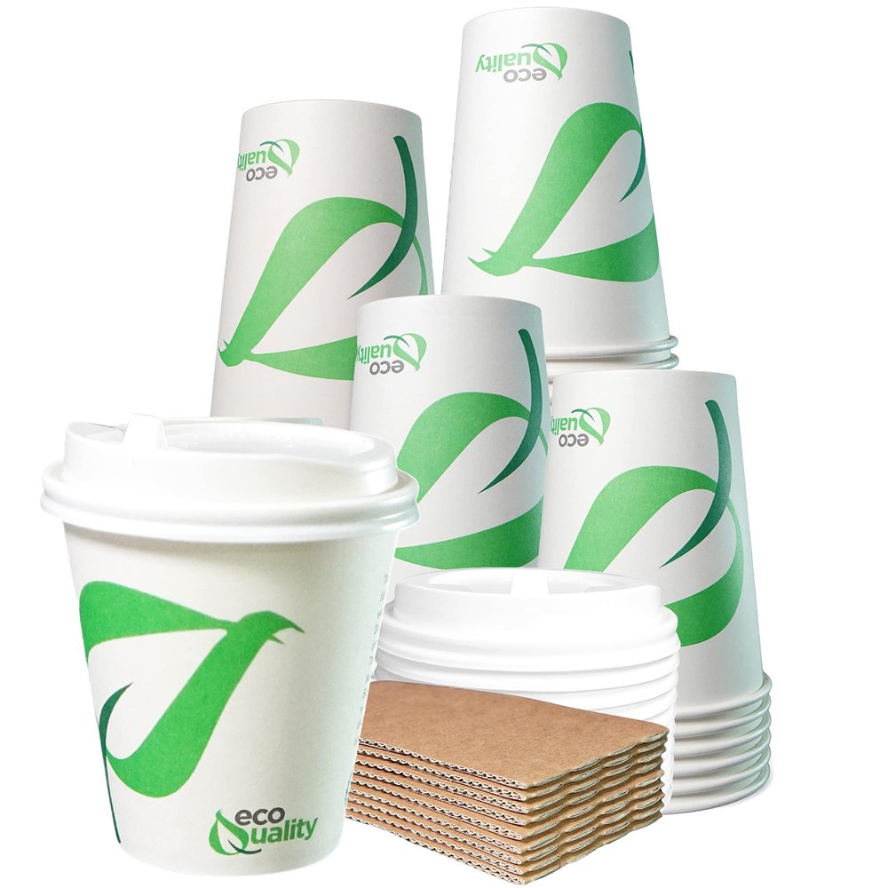 10 oz Compostable Paper Cups with White Dome Lids and Sleeves - Biodegradable Disposable White Paper Coffee Cups PLA Lined - Eco-friendly Hot and Cold Drinking Cups (1000)