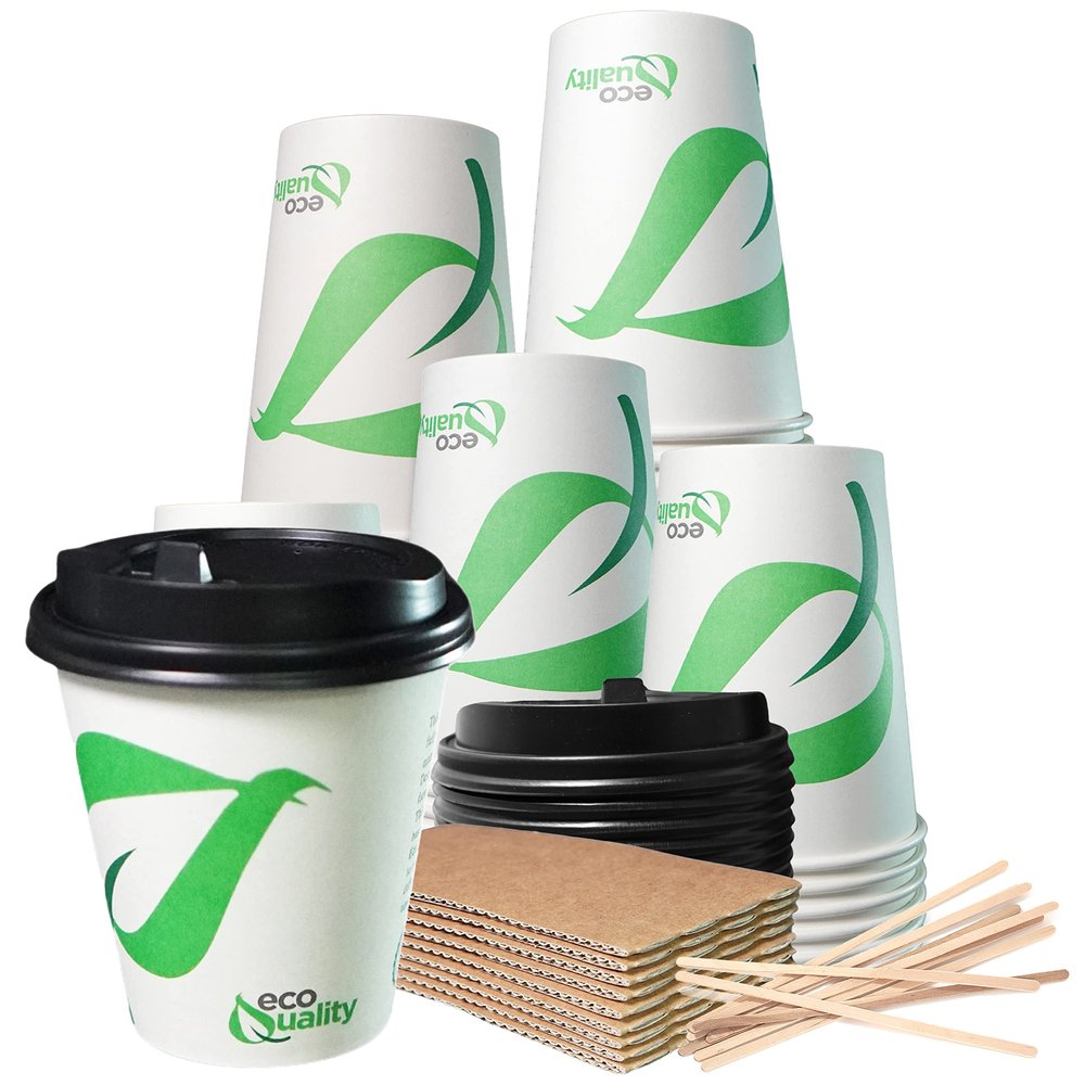 EcoQuality 10 oz Compostable Paper Cups with Black Dome Lids, Sleeves and Wooden Stirrers - Biodegradable Disposable White Paper Coffee Cups PLA Lined - Eco-friendly Hot and Cold Drinking Cups (50)