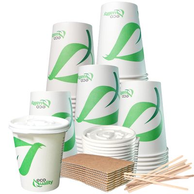 10 oz Compostable Paper Cups with White Flat Lids and Wooden Stirrers - Biodegradable Disposable White Paper Coffee Cups PLA Lined - Eco-friendly Hot and Cold Drinking Cups (150)