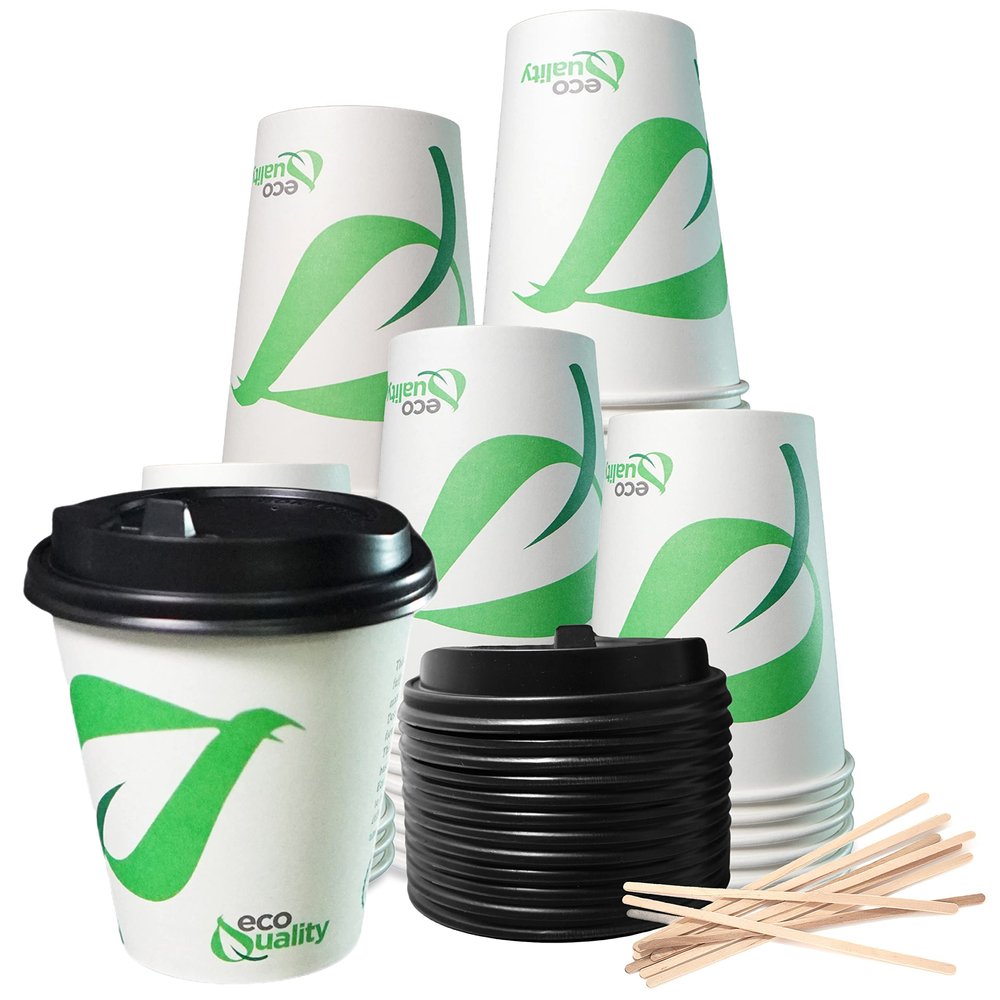 EcoQuality 10 oz Compostable Paper Cups with Black Dome Lids and Wooden Stirrers - Biodegradable Disposable White Paper Coffee Cups PLA Lined - Eco-friendly Hot and Cold Drinking Cups (200)