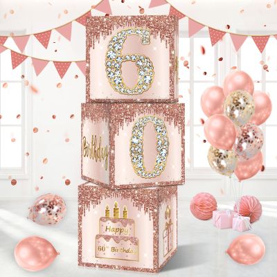 Guiruiy 3 Packs Pink Rose Gold 60th Birthday Balloon Boxes, 10.6 x 10.6 x 10.6 inches, Happy 60th Birthday Decorations for Women