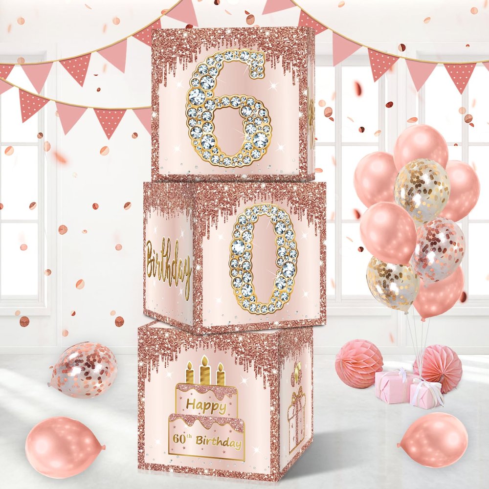 Guiruiy 3 Packs Pink Rose Gold 60th Birthday Balloon Boxes, 10.6 x 10.6 x 10.6 inches, Happy 60th Birthday Decorations for Women