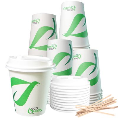 10 oz Compostable Paper Cups with White Dome Lids and Wooden Stirrers - Biodegradable Disposable White Paper Coffee Cups PLA Lined - Eco-friendly Hot and Cold Drinking Cups (50)
