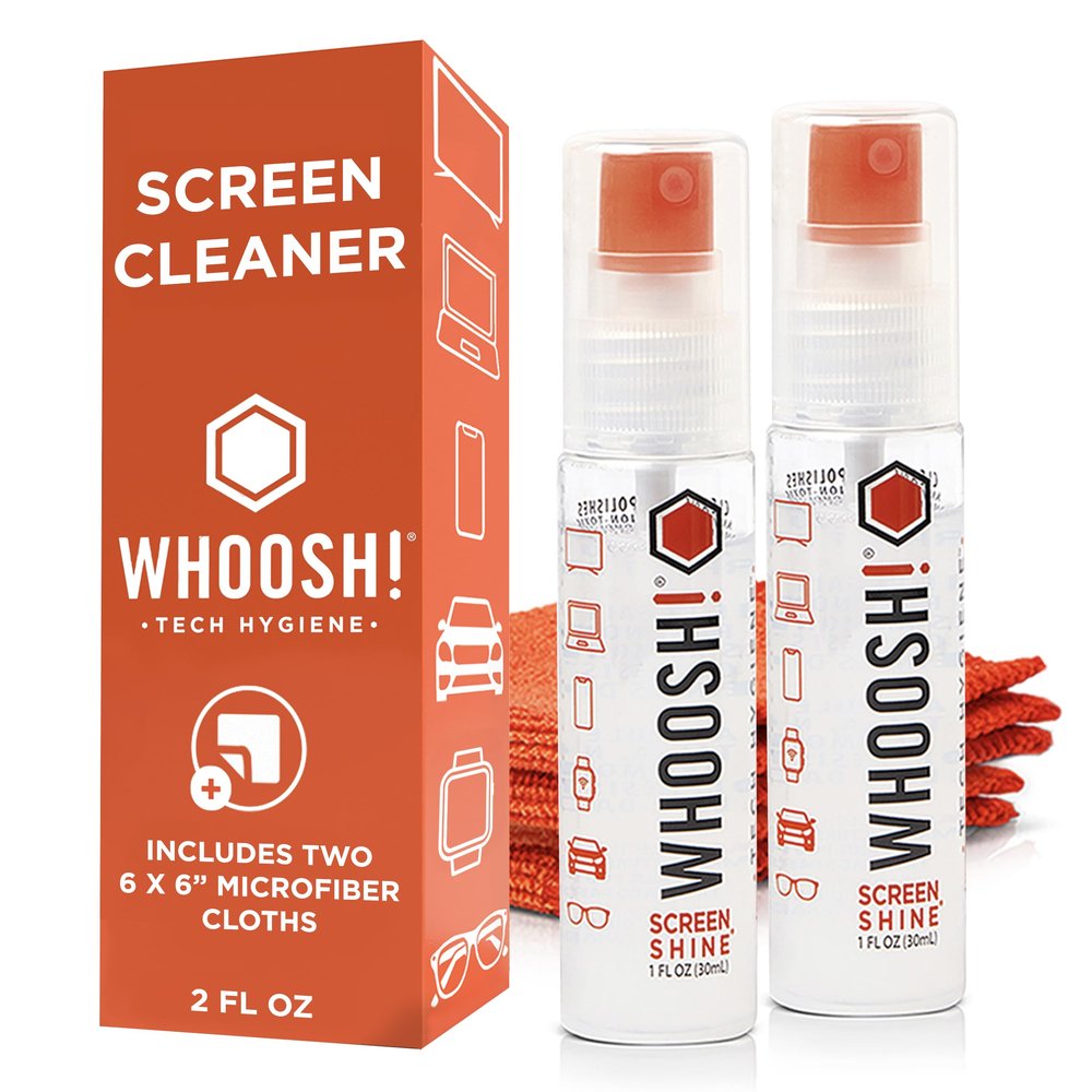 WHOOSH! Screen Shine Go 2-Pack  Two 1 fl oz Refillable Touchscreen Cleaners with Microfiber Cloths for Car, iPad, Laptop and Eyeglasses  Powerful Streak-Free Cleaning  Pocket-Sized, TSA-Approved