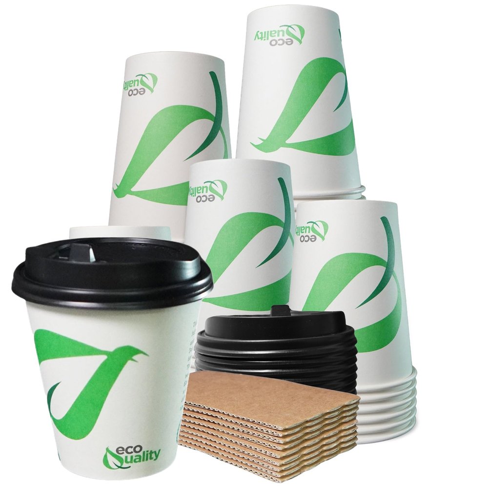 EcoQuality 10 oz Compostable Paper Cups with Black Dome Lids and Sleeves - Biodegradable Disposable White Paper Coffee Cups PLA Lined - Eco-friendly Hot and Cold Drinking Cups (500)