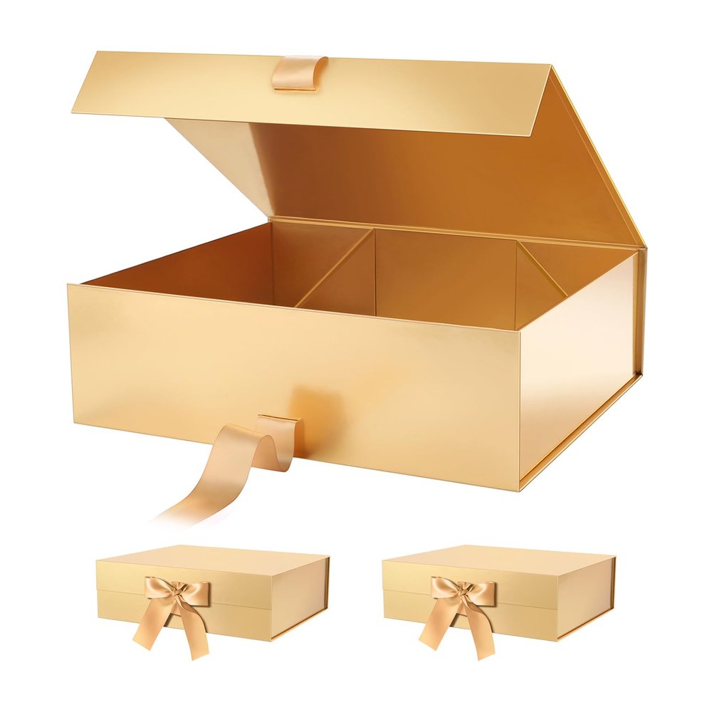 PACKHOME Valentines Day 17x14.5x5.5 Inches, 3 Extra Large Gift Boxes with Lids, Magnetic Closure Boxes with Ribbon for Clothes and Large Gifts (Glossy Gold)