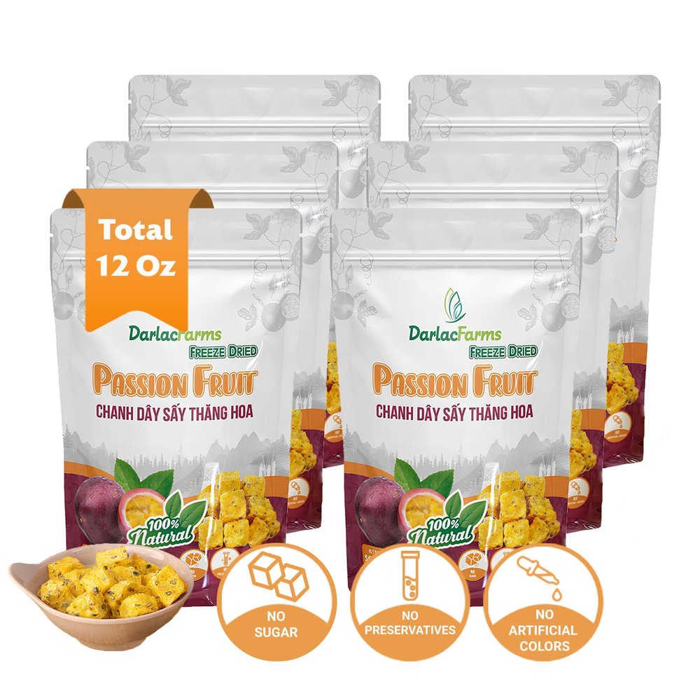 DARLAC FARMS Freeze Dried Passion Fruit Cubes, Pack of 6 (2 Oz Each)  No Sugar Added, Crunchy Tropical Fruit Snacks for Tea, Smoothies & Baking