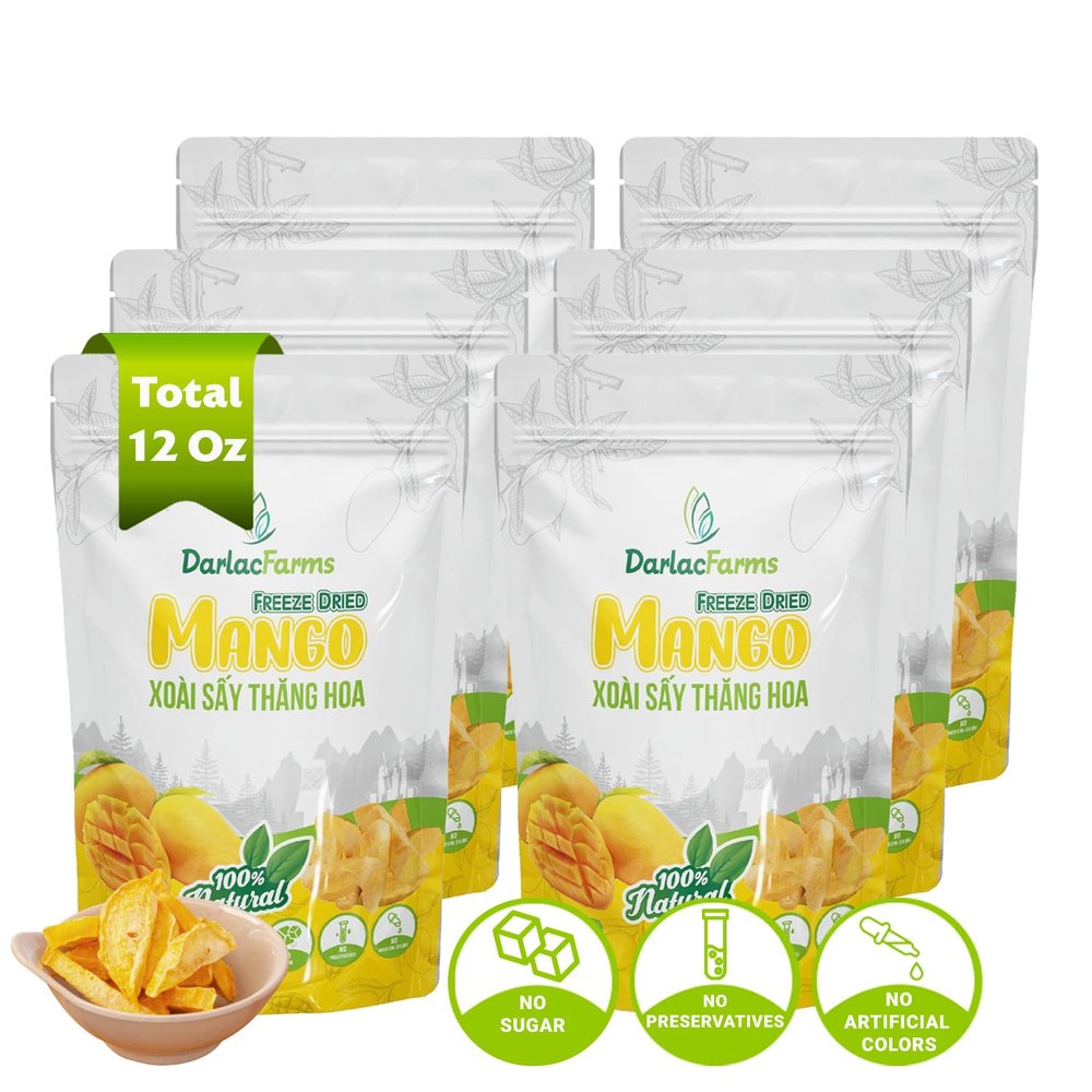 DARLAC FARMS Freeze Dried Mango Slices, Pack of 6 (2 Oz Each) No Sugar Added, Healthy Freeze Dried Fruit Snacks for Kids & Adults