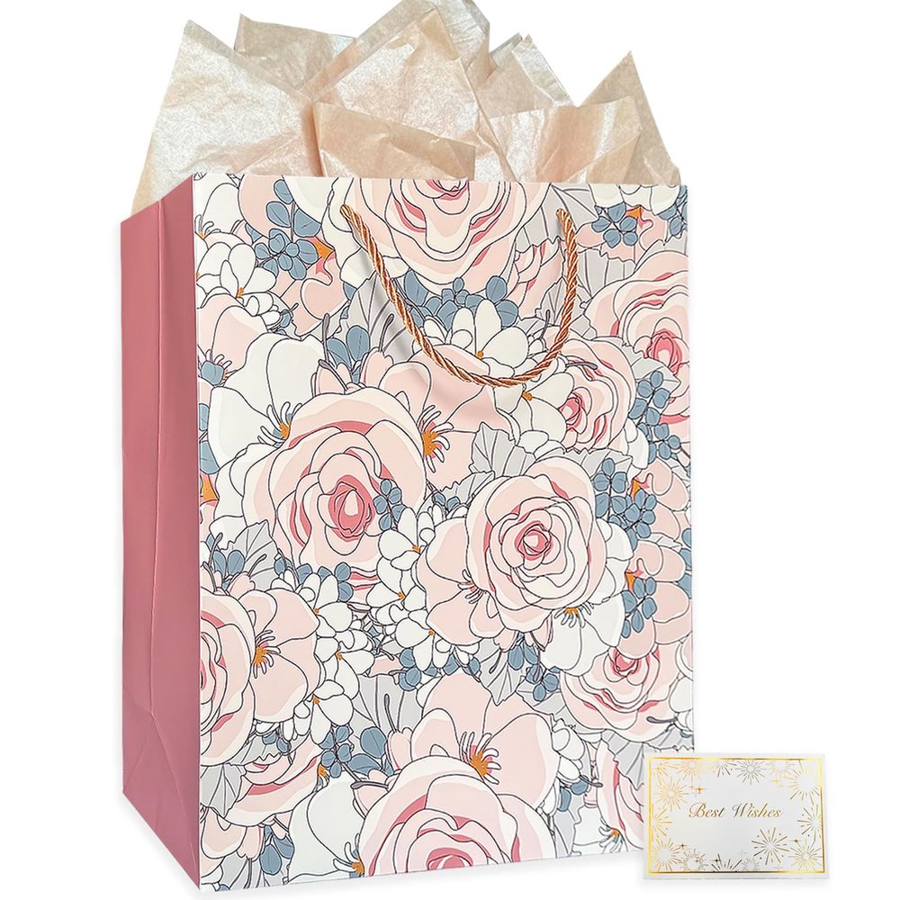 AMROSE Large 13'' Gift Bag withTissue Paper and Card, Recyclable Paper Gift Bag for Birthdays, Mother's Day, Wedding, Engagement, Christmas, Parties and More,Watercolor Floral