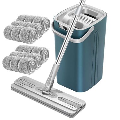 Mop and Bucket with Wringer Set, Mops for Floor Cleaning Separates Dirty and Clean Water, Stainless Steel Handle Large Flat Mop for Hardwood, Laminate, Tile, Vinyl(Blue,6 mops)