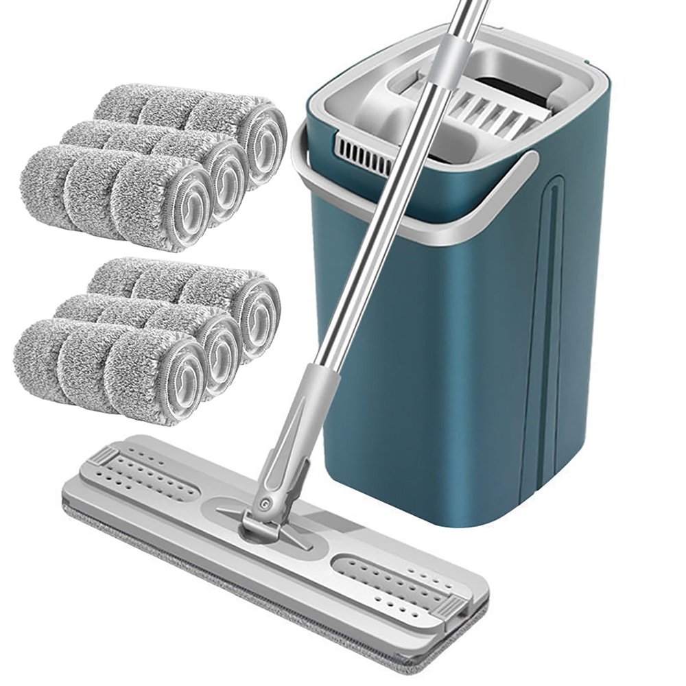 Mop and Bucket with Wringer Set, Mops for Floor Cleaning Separates Dirty and Clean Water, Stainless Steel Handle Large Flat Mop for Hardwood, Laminate, Tile, Vinyl(Blue,6 mops)