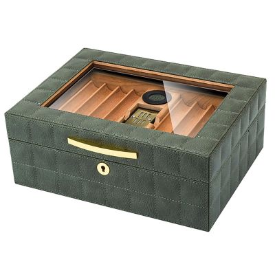 Cigar Humidors Storage 25-50 Cigars Box, Tempered Glass Top Display, Handcraft Spanish Cedar Wood Cigar Case with Humidifier and Hygrometer, Leather Box Design, Ideal Gift for Cigar Enthusiasts ( Colo