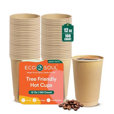 ECO SOUL 100 Pack 12 oz Disposable Coffee Cups Eco-Friendly, Biodegradable, Compostable, Leak-free & Sturdy To Go Hot Drink Travel Bagasse Cup for Tea, Chocolate, Party, Picnic & Cafe, Office & Home