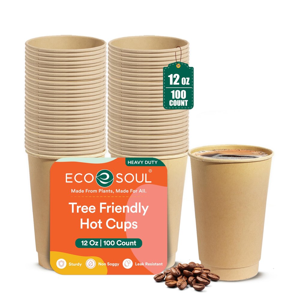 ECO SOUL 100 Pack 12 oz Disposable Coffee Cups Eco-Friendly, Biodegradable, Compostable, Leak-free & Sturdy To Go Hot Drink Travel Bagasse Cup for Tea, Chocolate, Party, Picnic & Cafe, Office & Home