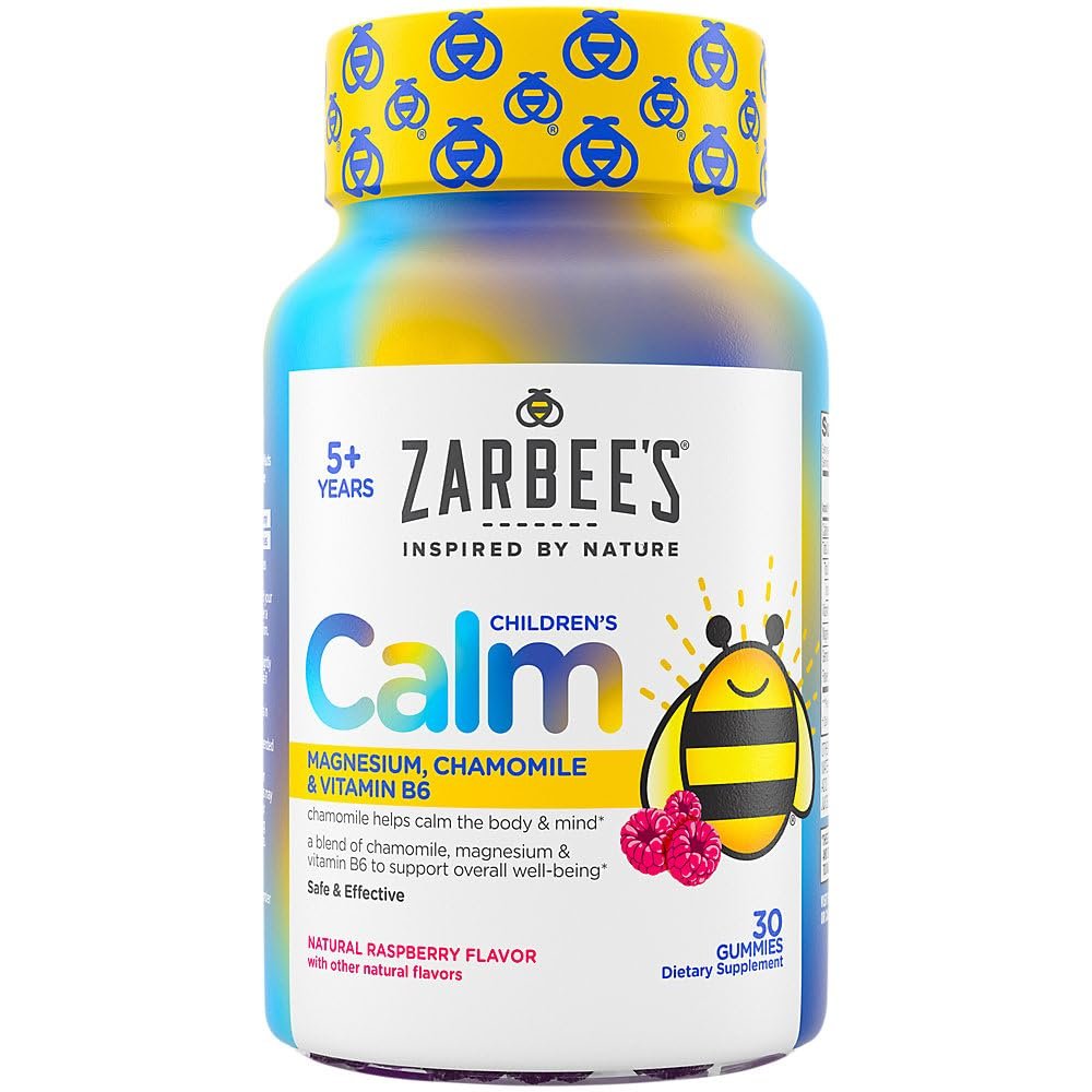 Zarbees Naturals Childrens Calm Gummies, Magnesium for Kids Ages 5+, Melatonin-Free, Support for a Calm Mind & Body, Chamomile & Vitamin B6, Natural Raspberry Flavor, 30 ct